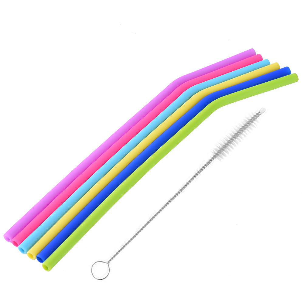 Awesome Reusable Rainbow Silicone Straws (Pack of 6 + Cleaning Brush)
