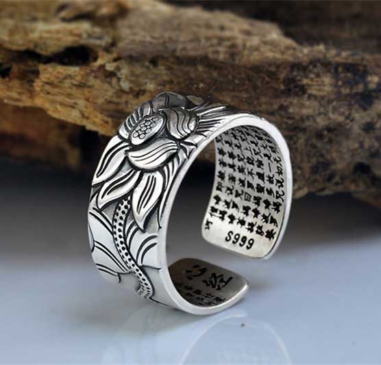 Sterling Silver Heart Sutra Lotus Ring