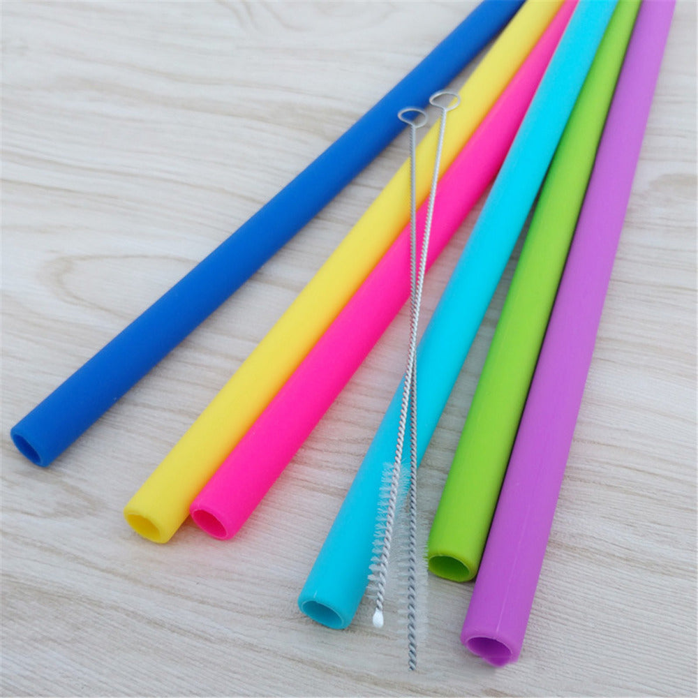 Awesome Reusable Rainbow Silicone Straws (Pack of 6 + Cleaning Brush)