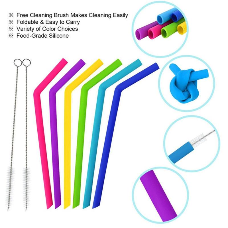 Awesome Reusable Rainbow Silicone Straws (Pack of 6 + Cleaning Brush)