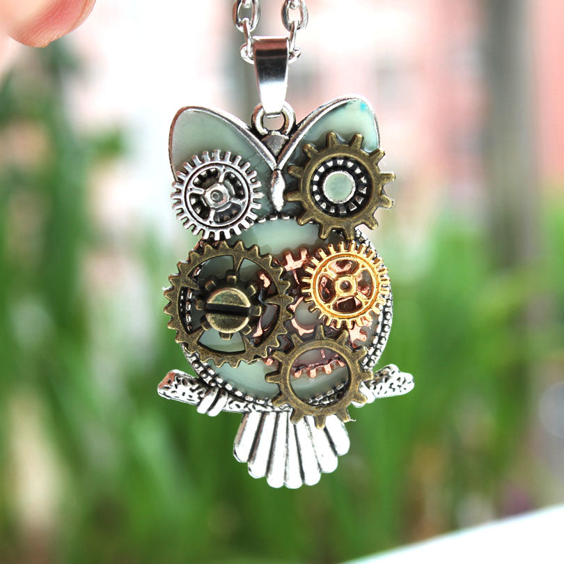 Steampunk Mechanical Owl Glow In The Dark Necklace
