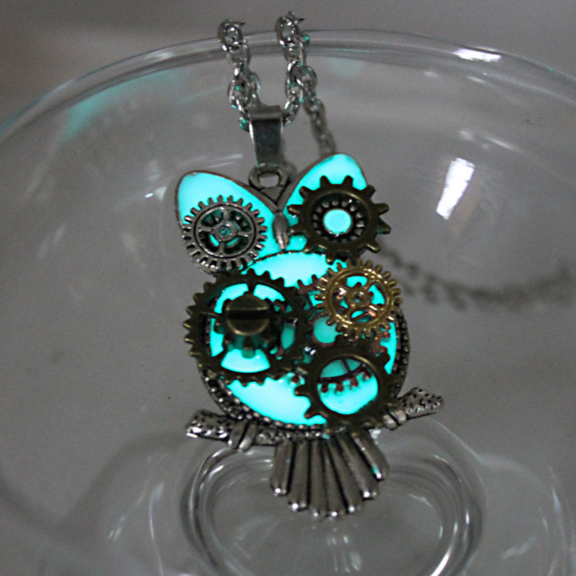 Steampunk Mechanical Owl Glow In The Dark Necklace