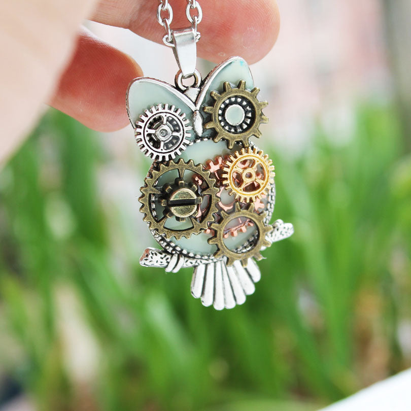 Steampunk Mechanical Owl Glow In The Dark Necklace