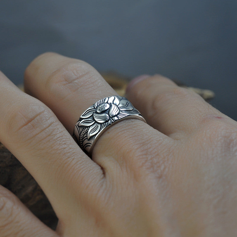 Sterling Silver Heart Sutra Lotus Ring