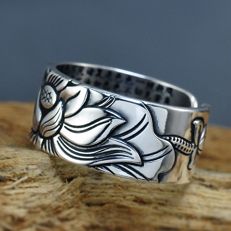 Sterling Silver Heart Sutra Lotus Ring