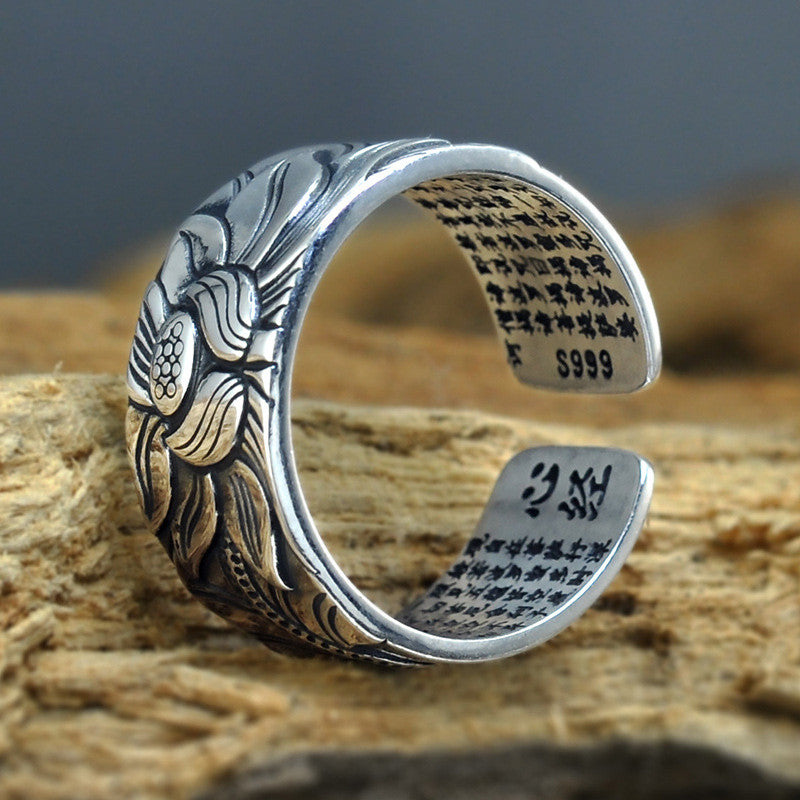 Sterling Silver Heart Sutra Lotus Ring