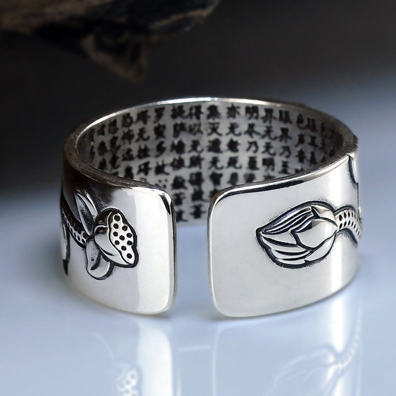 Sterling Silver Heart Sutra Lotus Ring