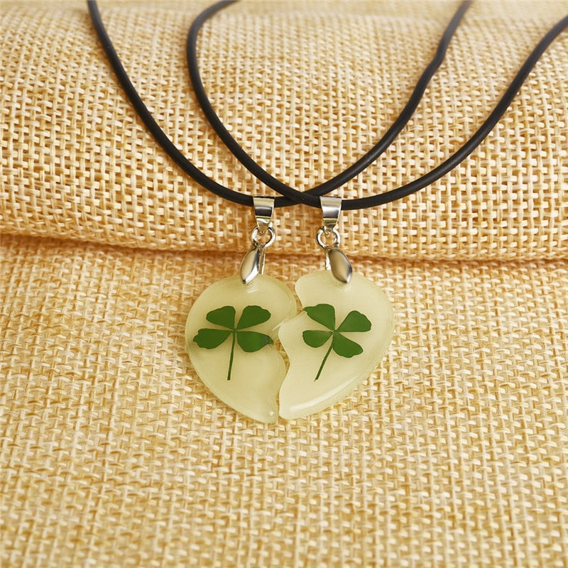 Glow In The Dark Lucky In Love Clover Couple Necklaces