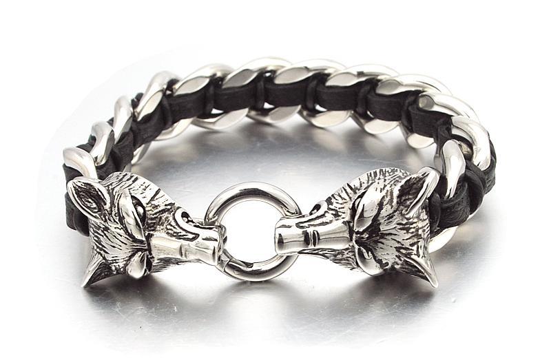 Fanduco Bracelets Twin Wolves Leather Chain Bracelet