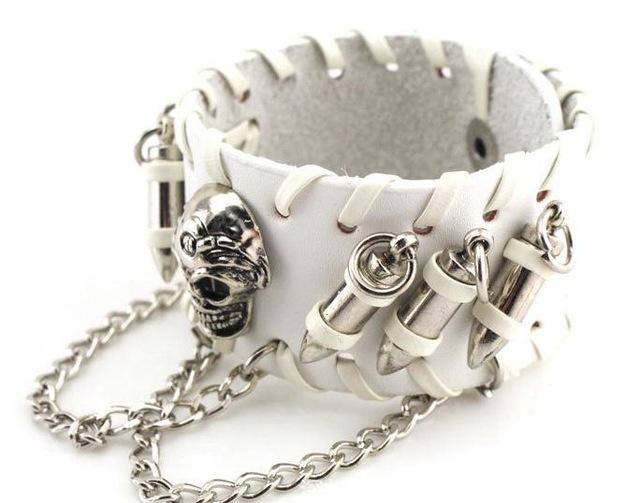 Fanduco Bracelets White Skull 'n Bullets Genuine Leather Cuff Bracelet