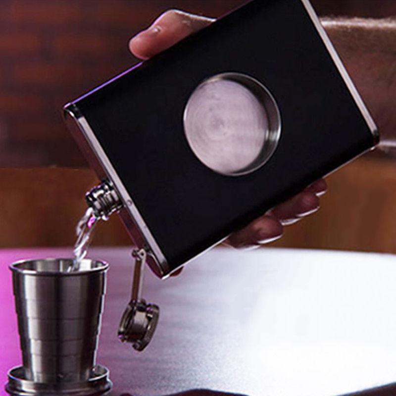 Fanduco Hip Flasks Black Travel Hip Flask With Built-in Collapsible Stainless Steel Shot Glass