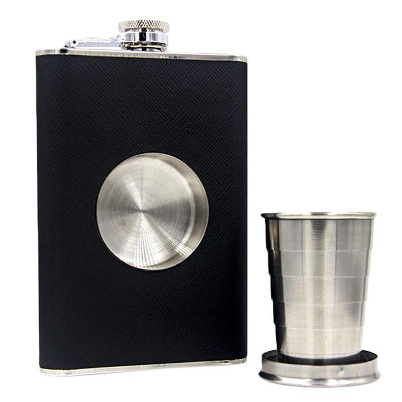 Fanduco Hip Flasks Black Travel Hip Flask With Built-in Collapsible Stainless Steel Shot Glass