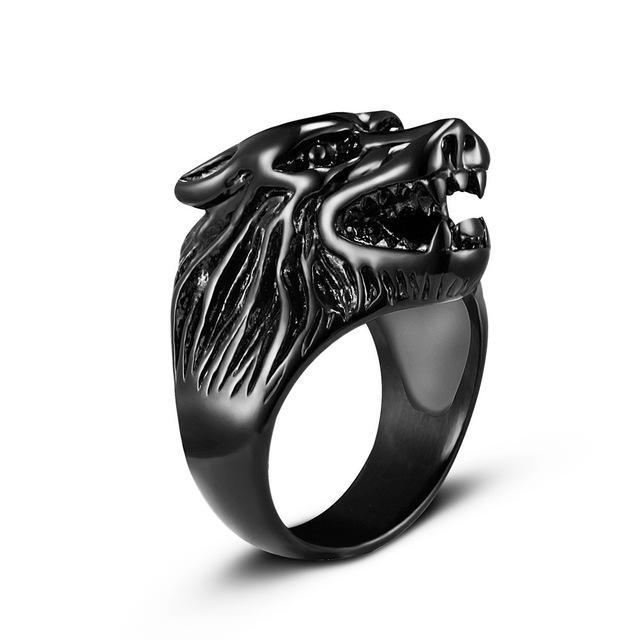 Fanduco Rings 7 / Black Steel Wolf's Head Ring