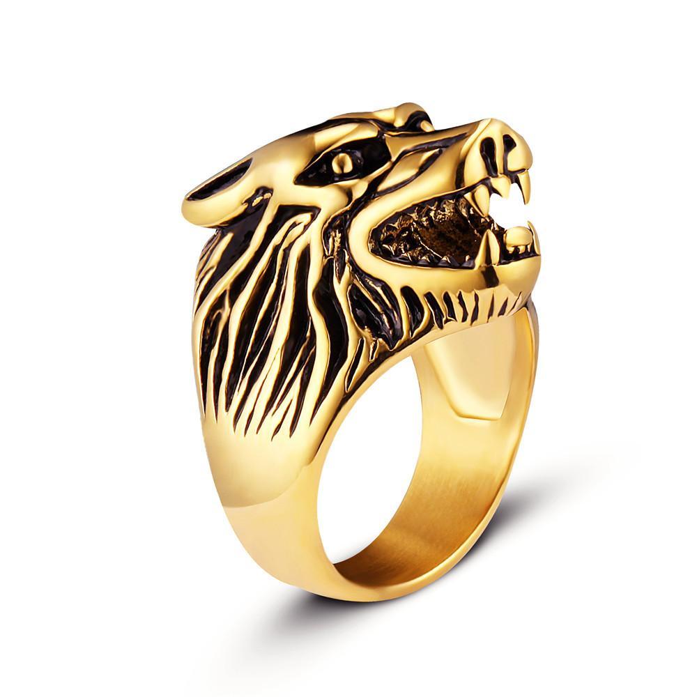 Fanduco Rings 7 / Gold Steel Wolf's Head Ring
