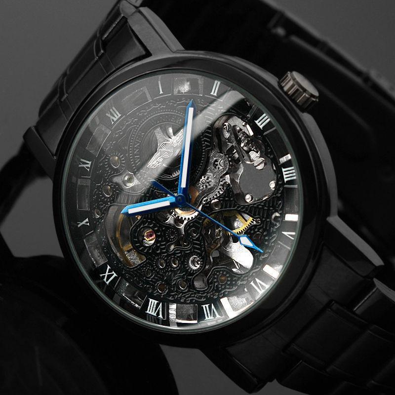 Fanduco Watches Black Stainless Steel Mechanical Skeleton Watch