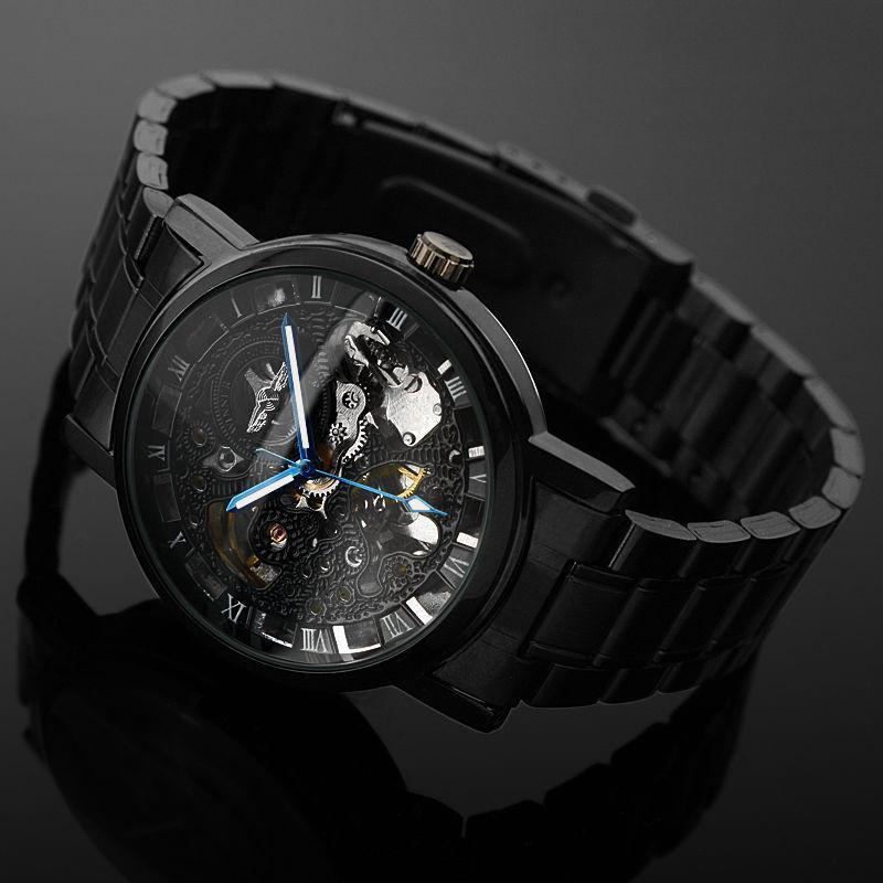Fanduco Watches Black Stainless Steel Mechanical Skeleton Watch