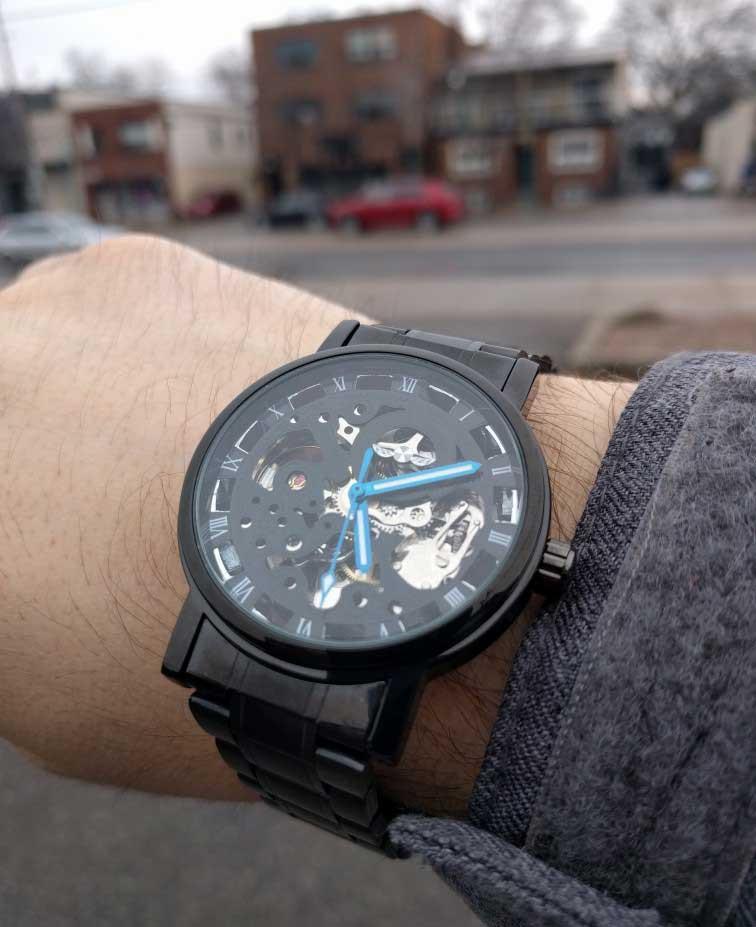 Fanduco Watches Black Stainless Steel Mechanical Skeleton Watch