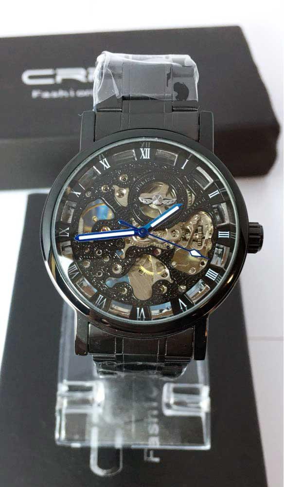 Fanduco Watches Black Stainless Steel Mechanical Skeleton Watch
