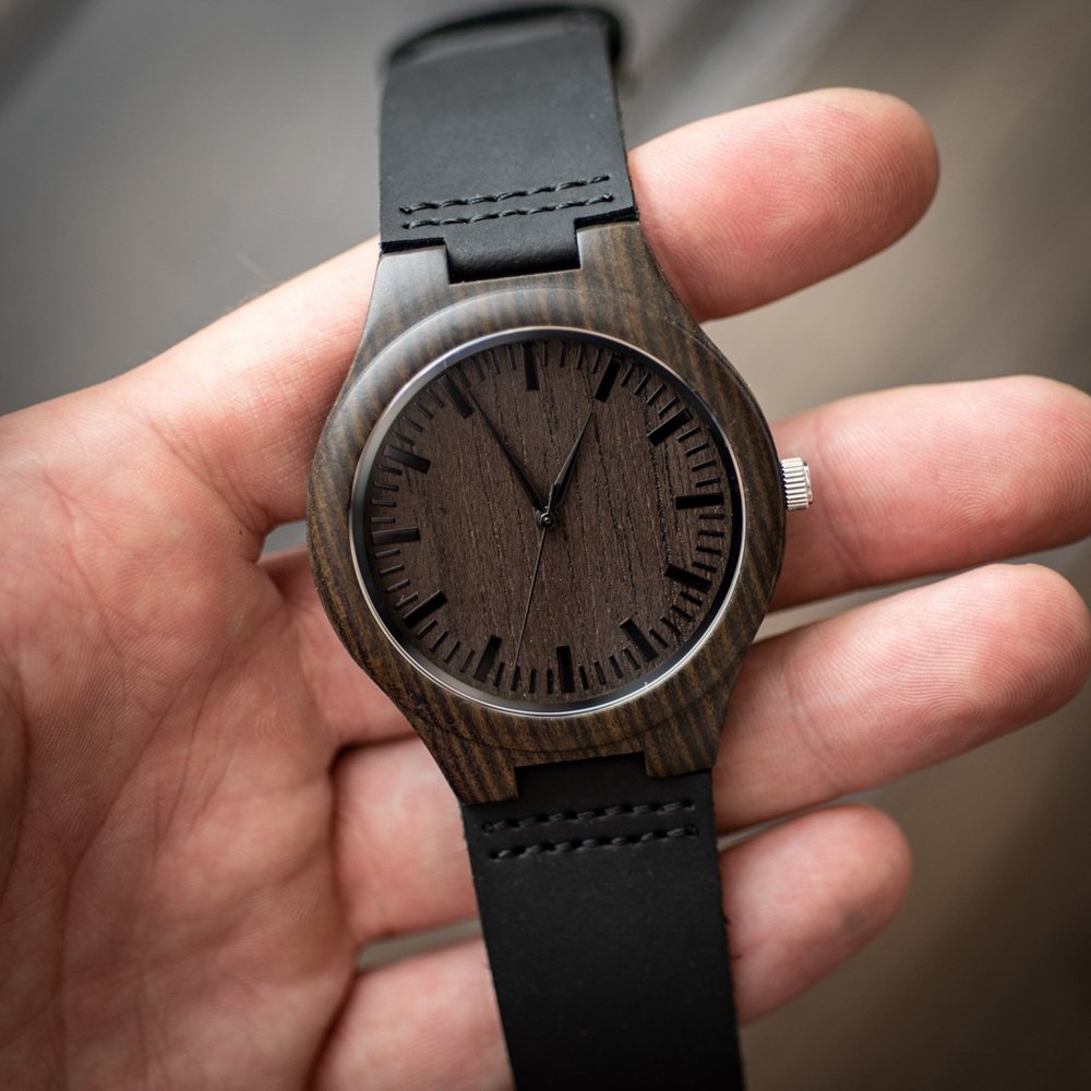 Custom Mechanical Wood Watch For Men | AlderGrove Matte Black Titanium –  Engraved In Nature