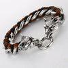 Fanduco Bracelets Brown & Silver Twin Wolves Leather Chain Bracelet