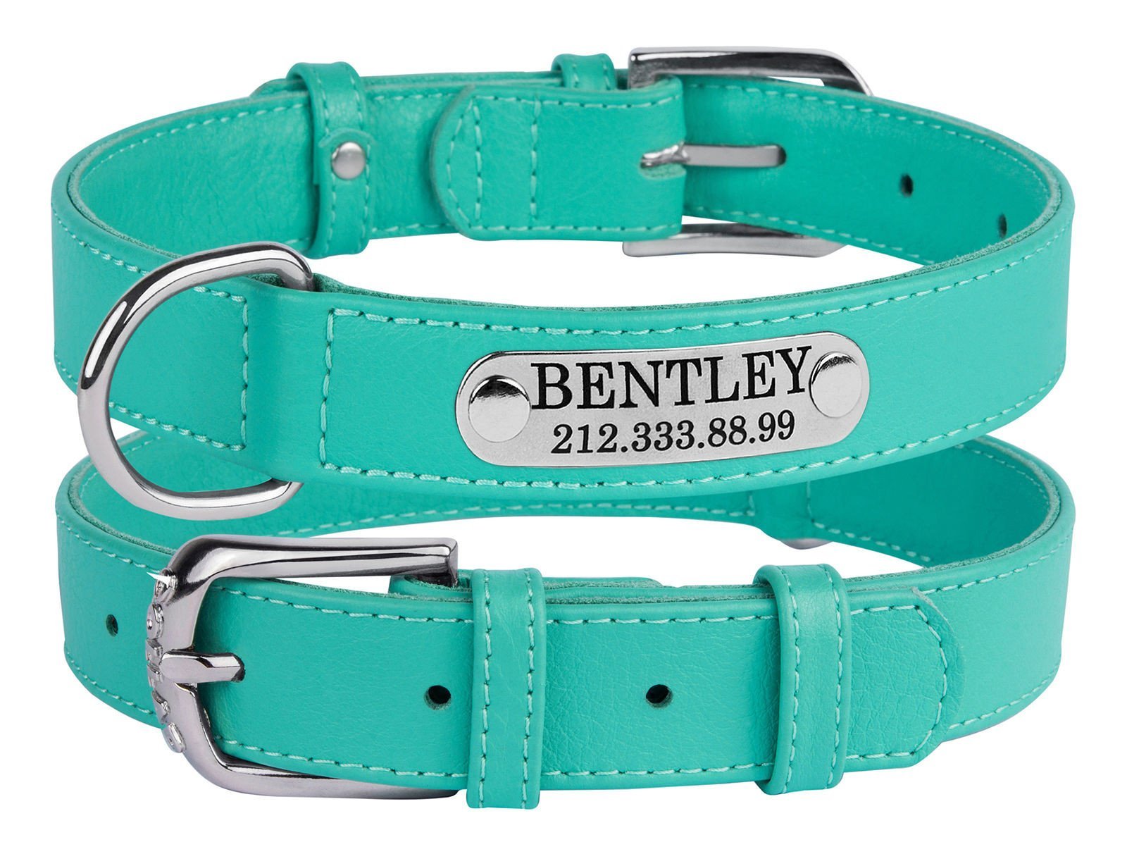 Pet Collar in Tiffany Blue Leather, Medium, Size: 11-14 in.